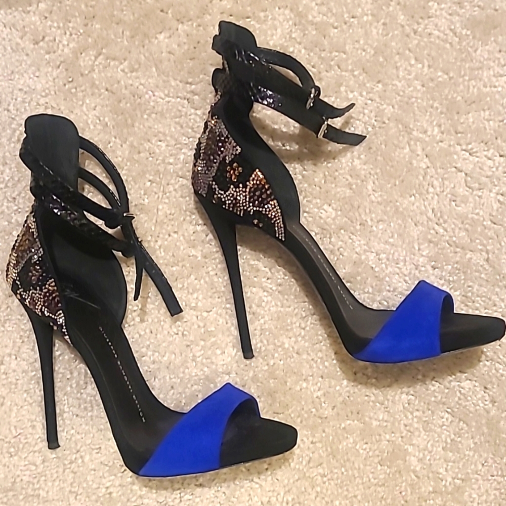 Giuseppe Zanotti Blue Suede Crystal Embellishments Sandal